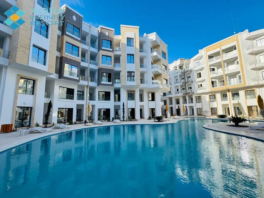 The pool and terraces at Aqua Infinity Resort, one of five completed Al Masriya projects in Hurghada