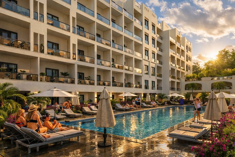 AQUA ORGWAN Resort — vizualizácia bazéna pri západe slnka