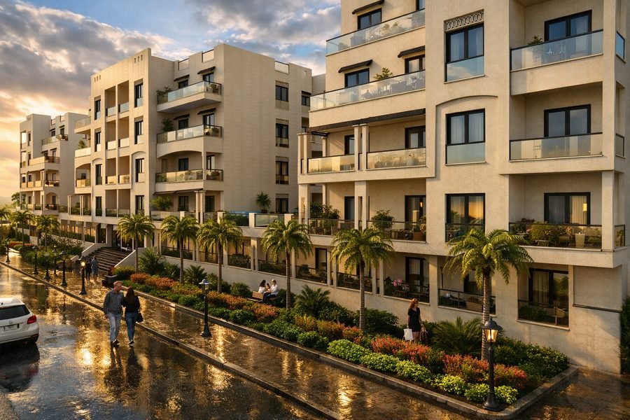 AQUA ORGWAN Resort — vizualizácia zeleného bulváru medzi domami
