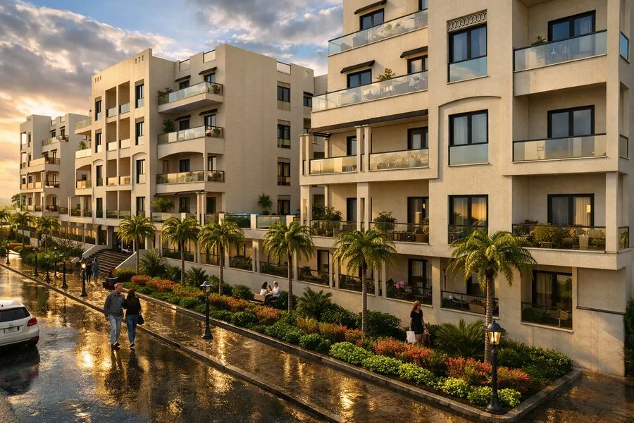AQUA ORGWAN Resort — visualisation of the landscaped avenue between the blocks