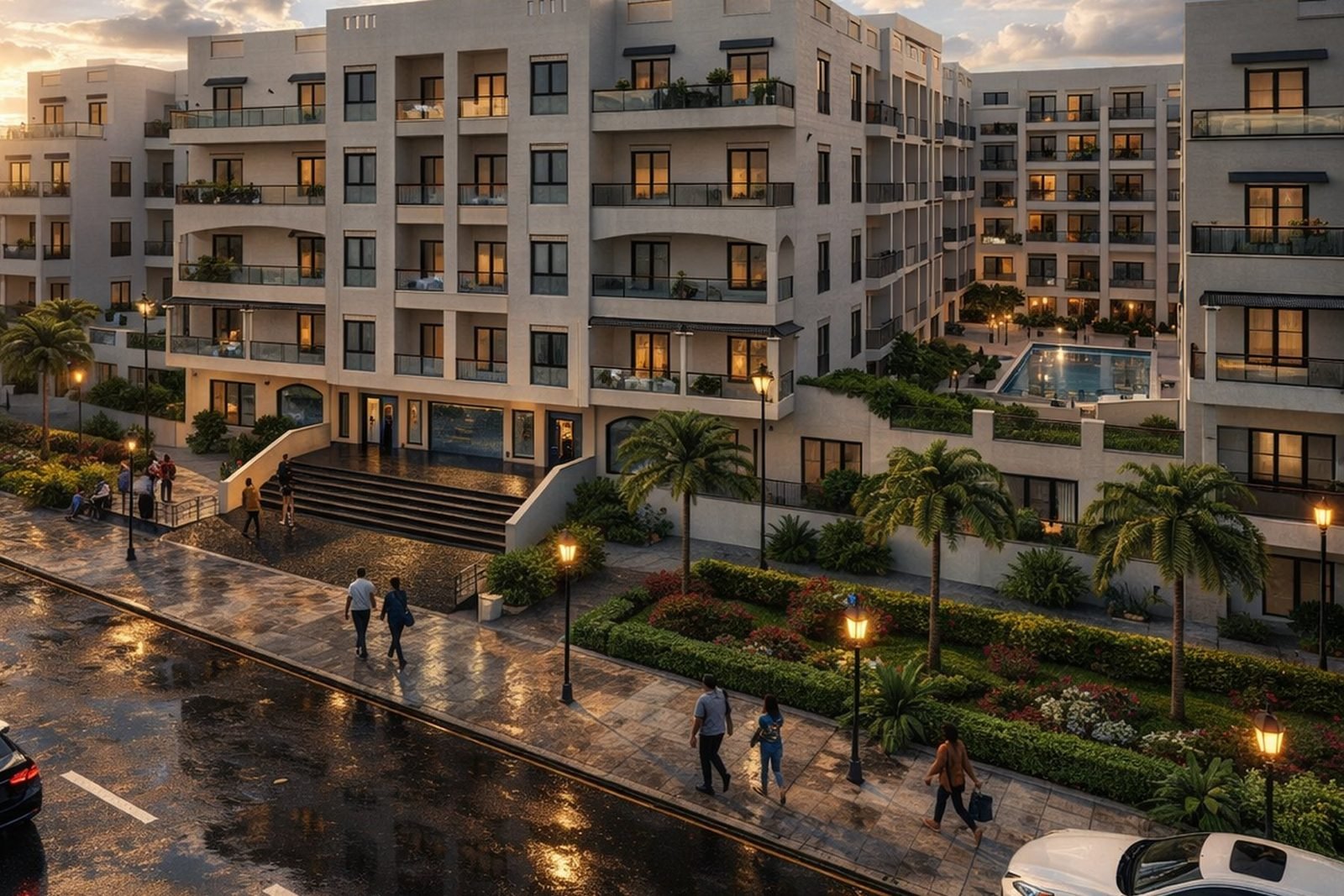 AQUA ORGWAN Resort — Visualisierung der begrünten Straße zwischen den Blöcken in der Abenddämmerung
