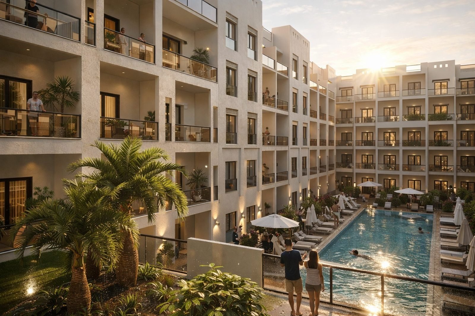 AQUA ORGWAN Resort — Visualisierung des Poolhofs bei Sonnenuntergang