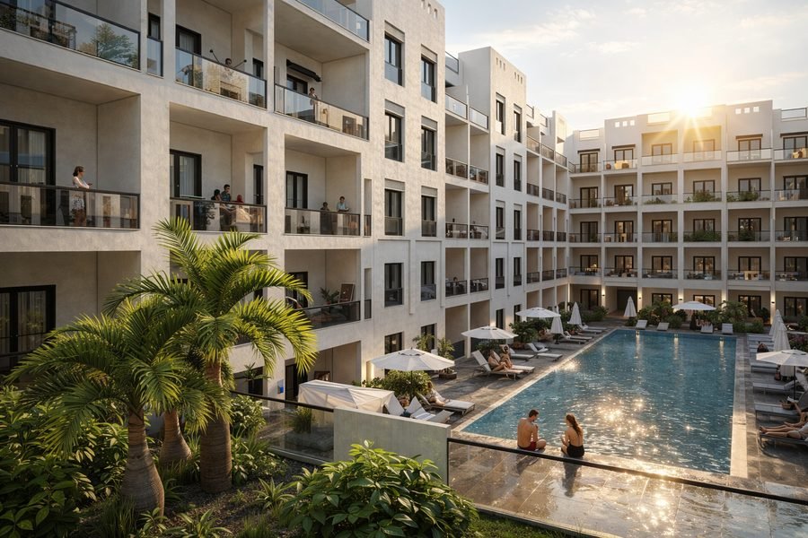 Architektonická vizualizácia bazénového dvora v AQUA ORGWAN Resort