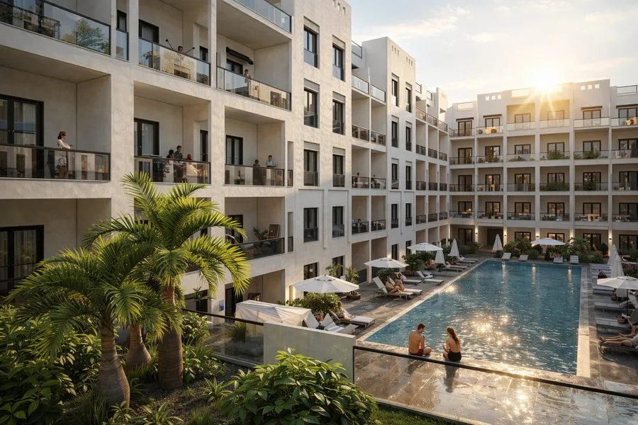 Architect's visualisation of the pool courtyard at AQUA ORGWAN Resort