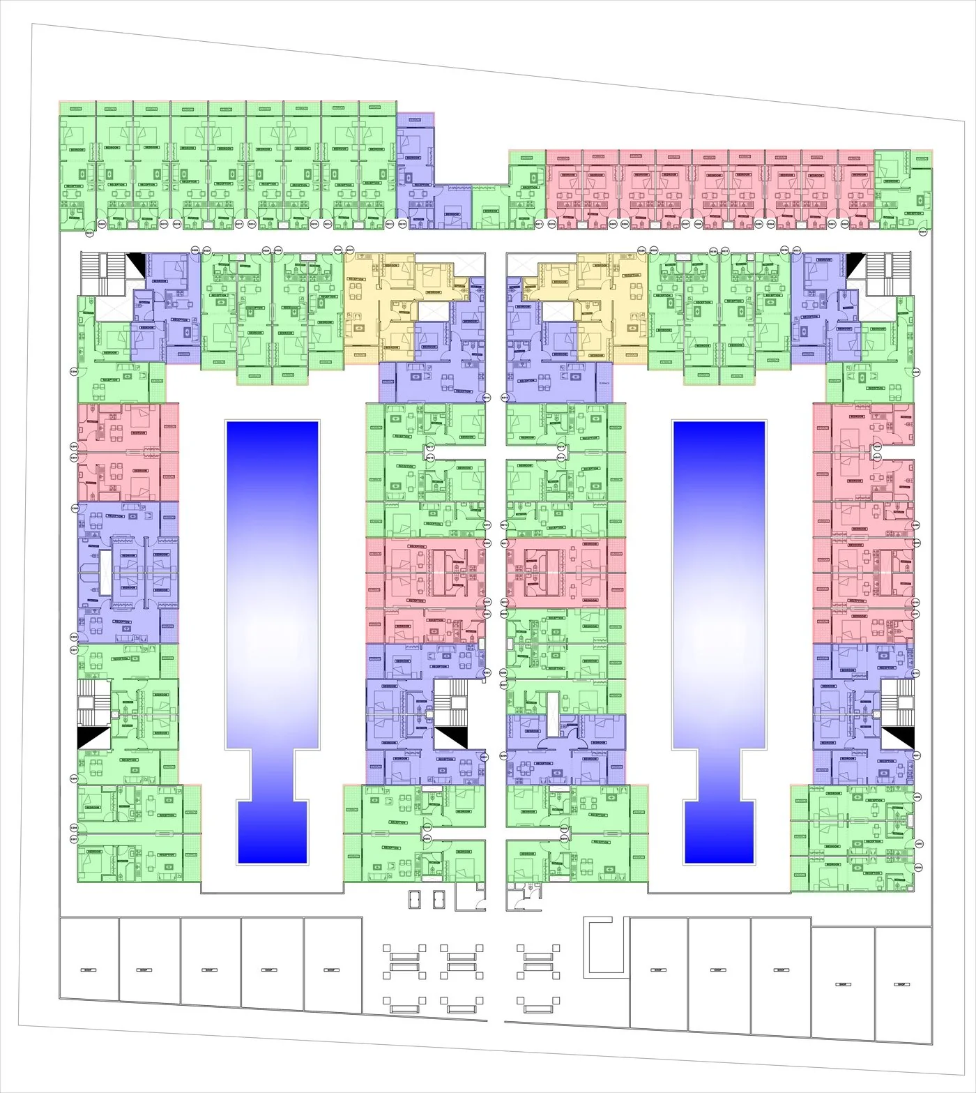 AQUA ORGWAN Resort — colour-coded ground floor plan showing blocks A to D around the two pools