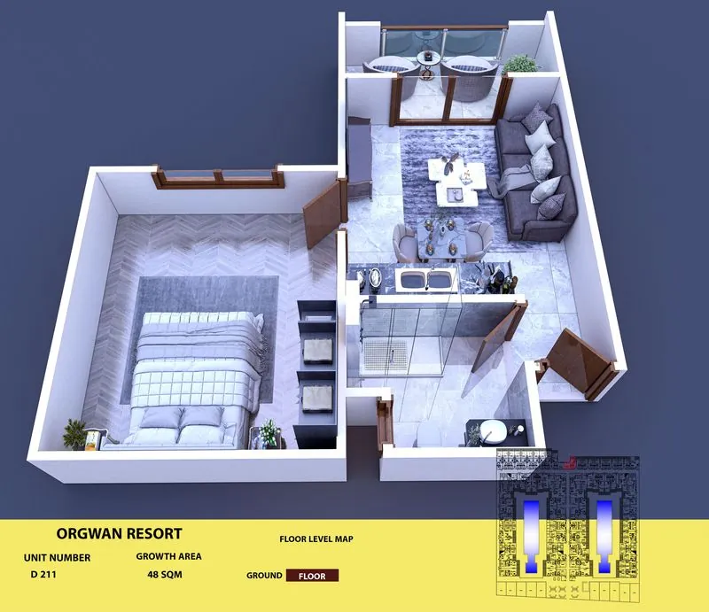 Layout visualisation of a unit at AQUA ORGWAN Resort