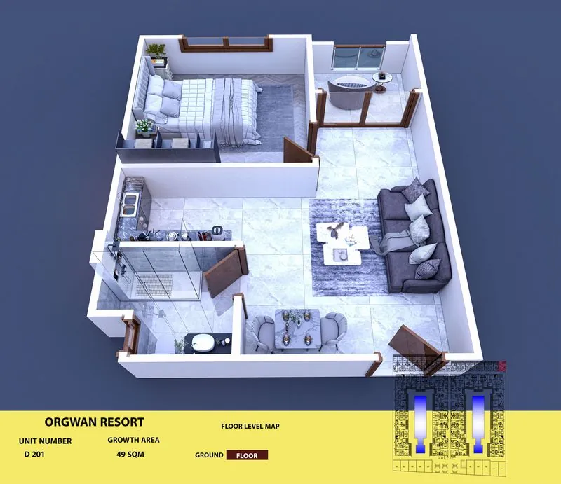 Layout visualisation of a unit at AQUA ORGWAN Resort