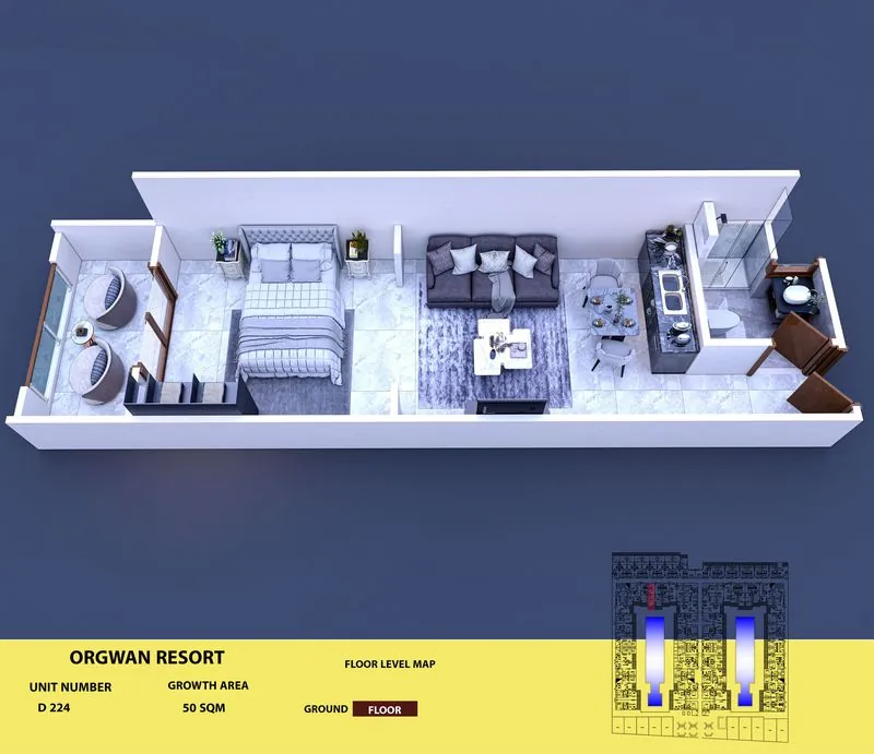 Layout visualisation of a unit at AQUA ORGWAN Resort