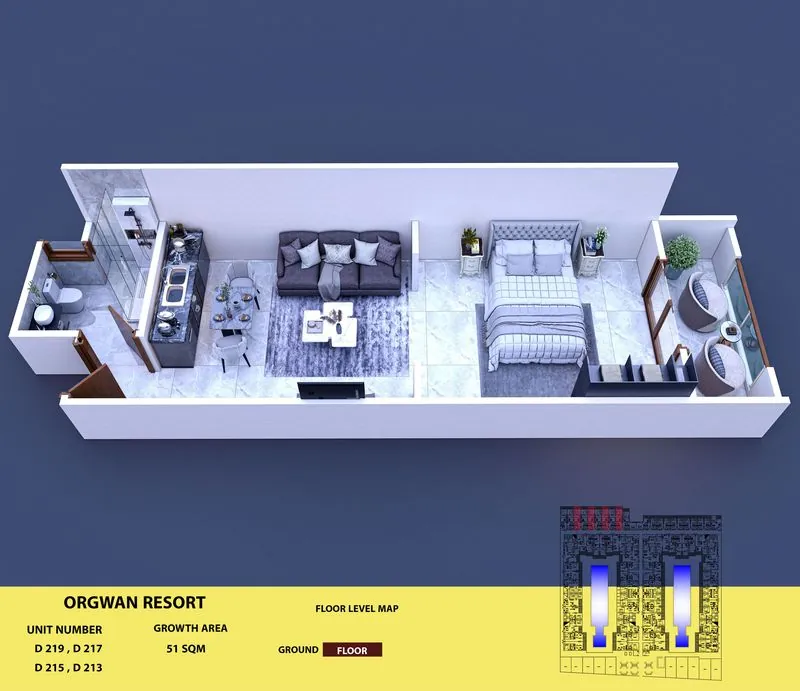 Layout visualisation of a unit at AQUA ORGWAN Resort