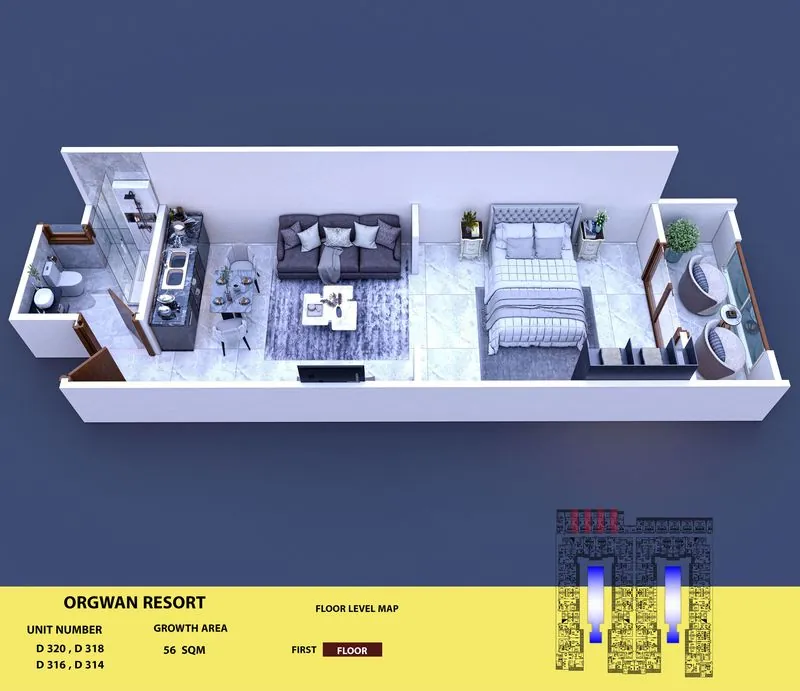 Layout visualisation of a unit at AQUA ORGWAN Resort