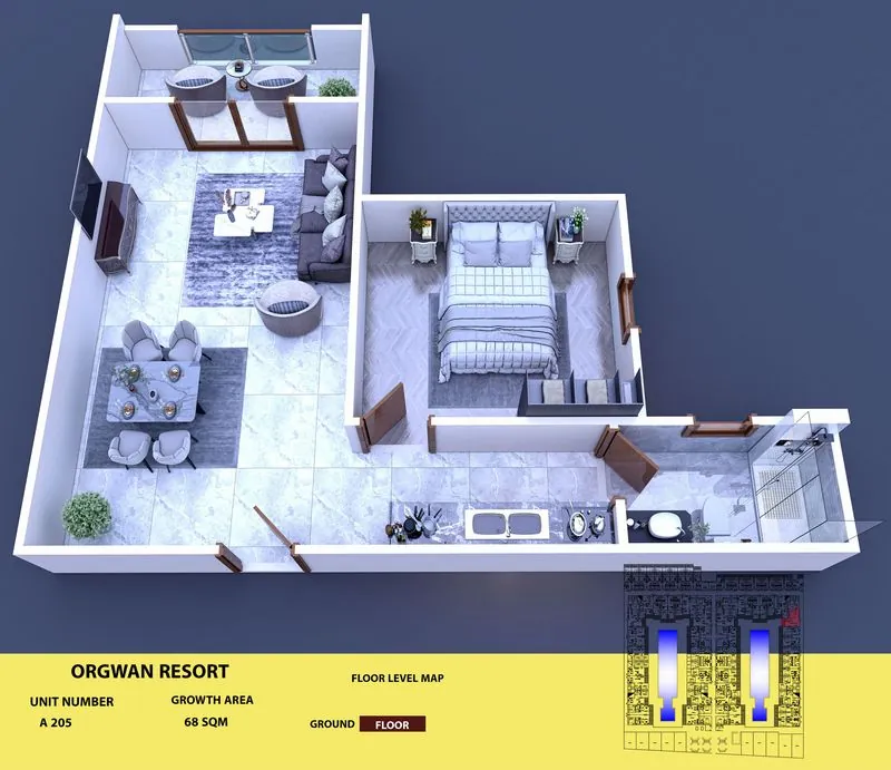 Layout visualisation of a unit at AQUA ORGWAN Resort