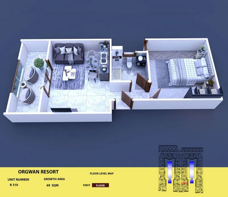 Layout visualisation of a unit at AQUA ORGWAN Resort