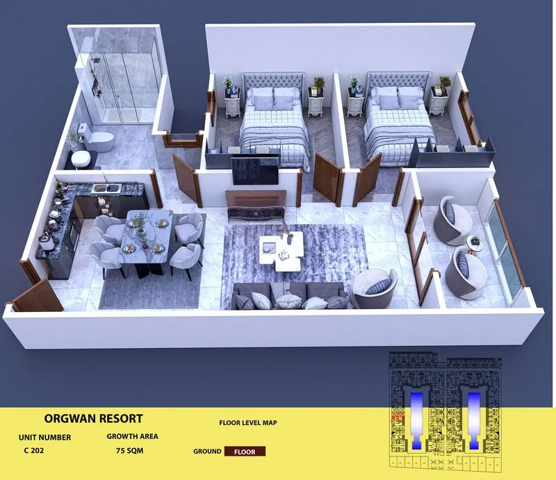 Layout visualisation of a unit at AQUA ORGWAN Resort