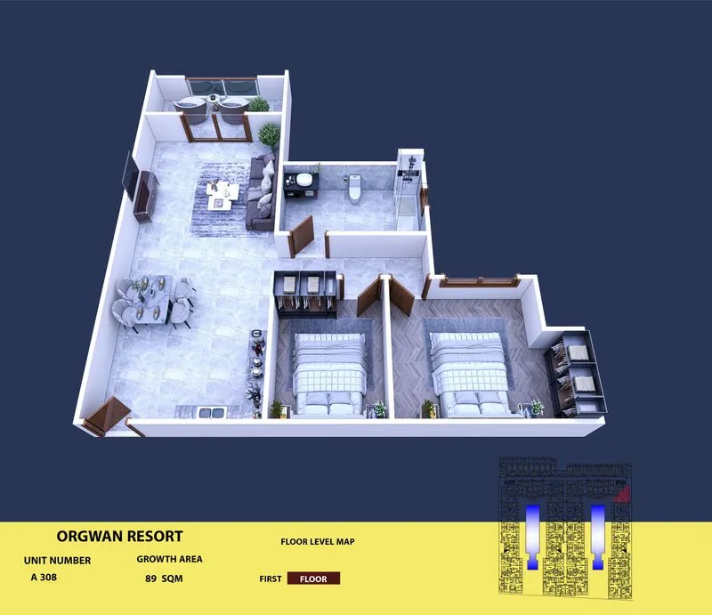 Layout visualisation of a unit at AQUA ORGWAN Resort