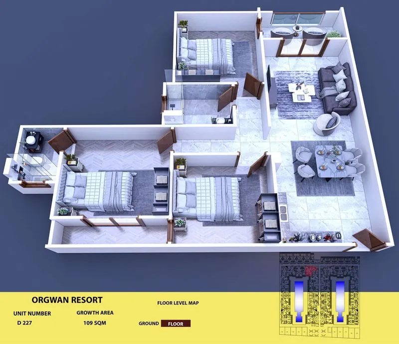 Layout visualisation of a unit at AQUA ORGWAN Resort