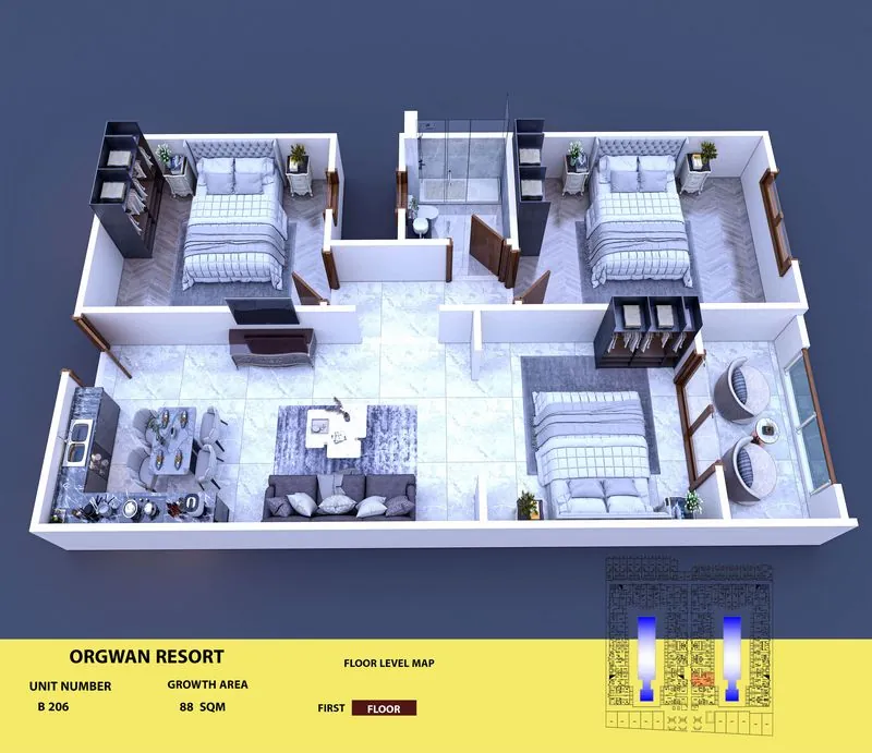 Layout visualisation of a unit at AQUA ORGWAN Resort
