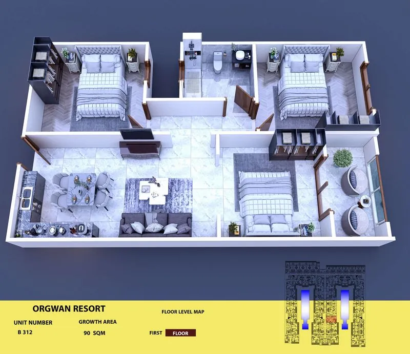 Layout visualisation of a unit at AQUA ORGWAN Resort