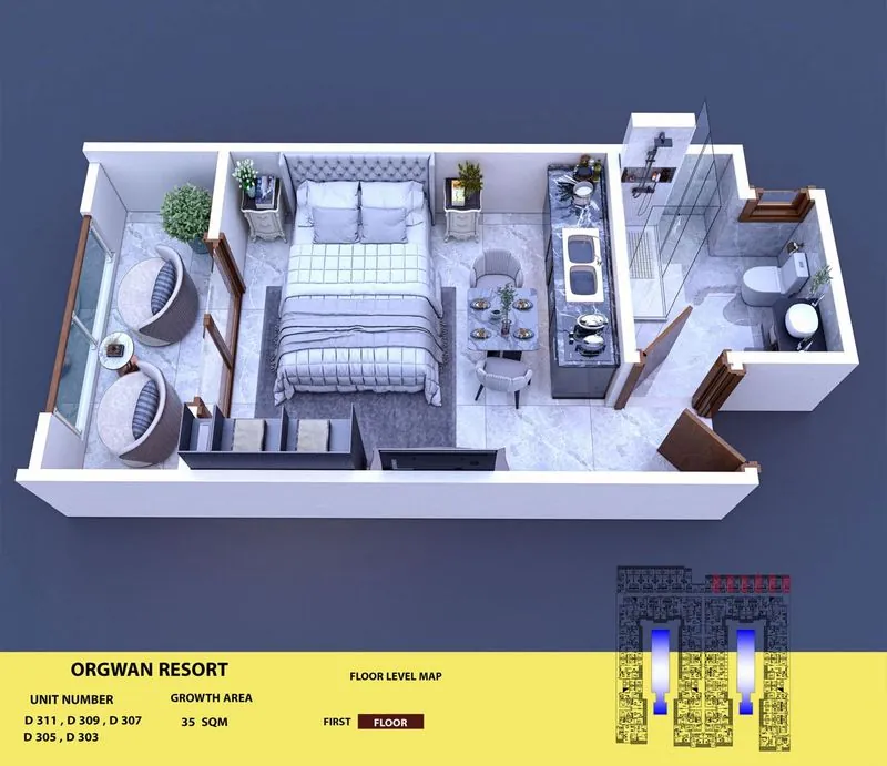 Layout visualisation of a unit at AQUA ORGWAN Resort