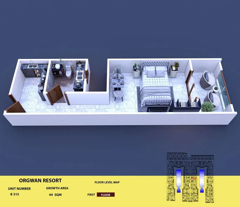 Layout visualisation of a unit at AQUA ORGWAN Resort