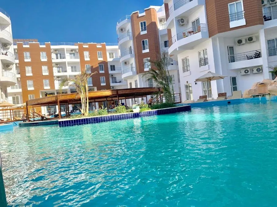 The pool and apartment blocks at Aqua Palms Resort, Al Ahyaa, Hurghada